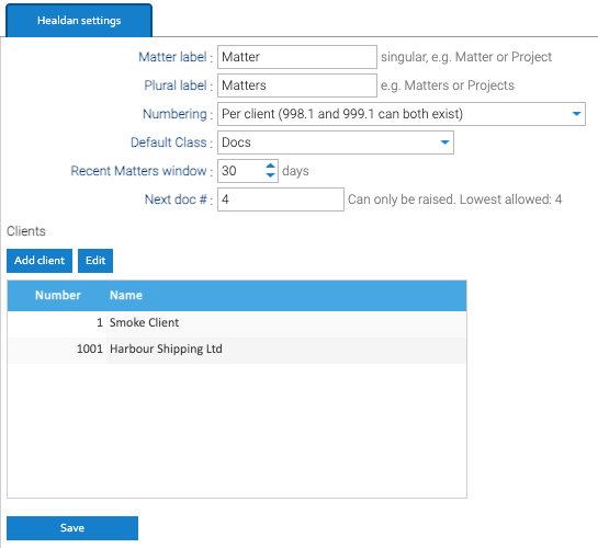 The Healdan settings panel: matter labels, numbering, default Class, the Recent Matters window, the next doc #, and the client list with Add client and Edit