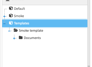 The folder tree’s Templates Store, holding the template Smoke template with its Documents folder