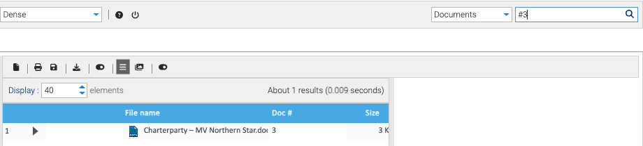The search box with #3 typed in, and the result list showing one document: Charterparty – MV Northern Star.docx, doc # 3