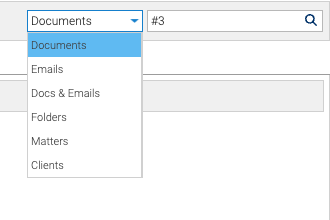 The scope picker open beside the search box, listing Documents, Emails, Docs & Emails, Folders, Matters and Clients