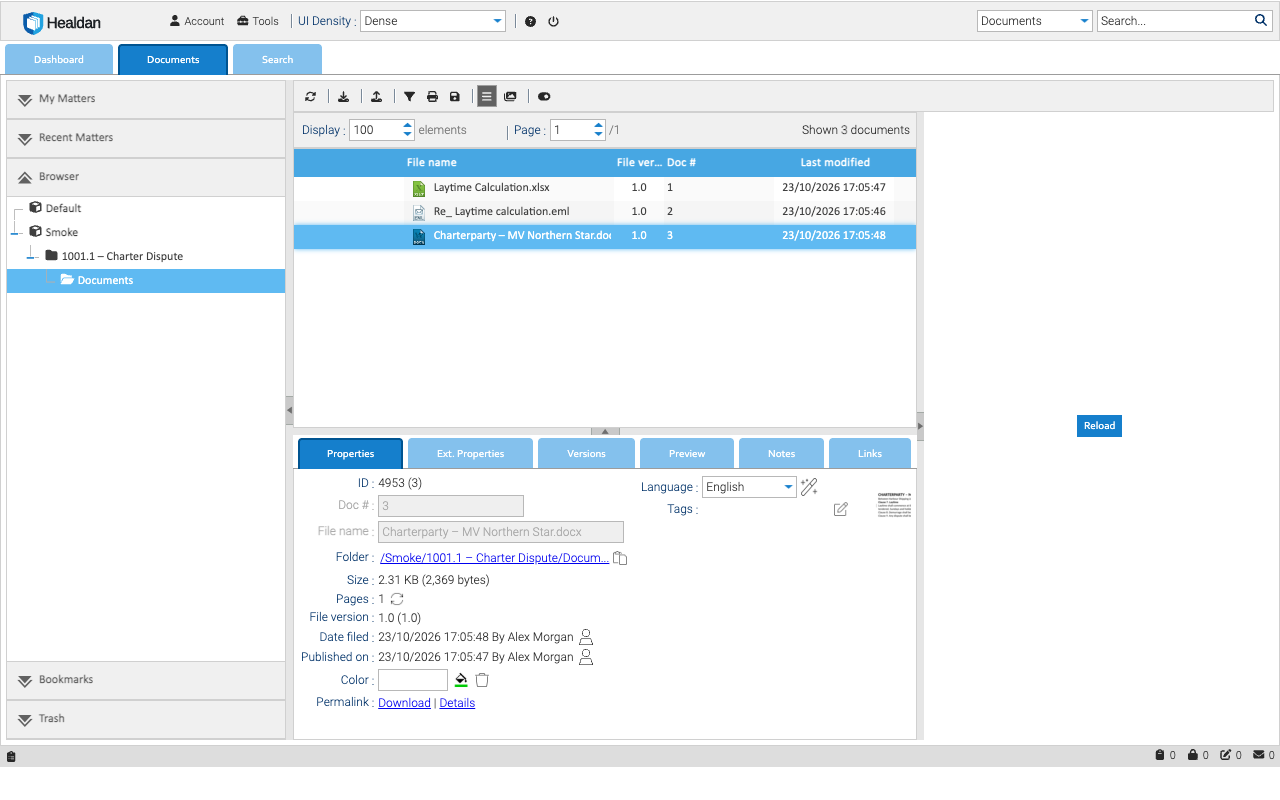 The Documents screen: the left pane’s folder tree is open at a matter’s Documents folder, the list shows three documents with their doc #s, and the details below show the selected document’s properties