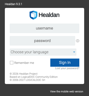 Healdan’s sign-in box, with the user name and password fields, a language picker, Remember me, the Sign In button and Lost your password?
