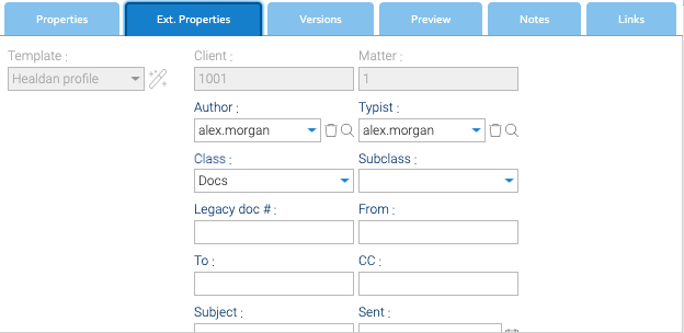 The Ext. Properties tab: the Healdan profile, with Client 1001 and Matter 1 read-only, then Author, Typist, Class Docs, Subclass, Legacy doc # and the email fields